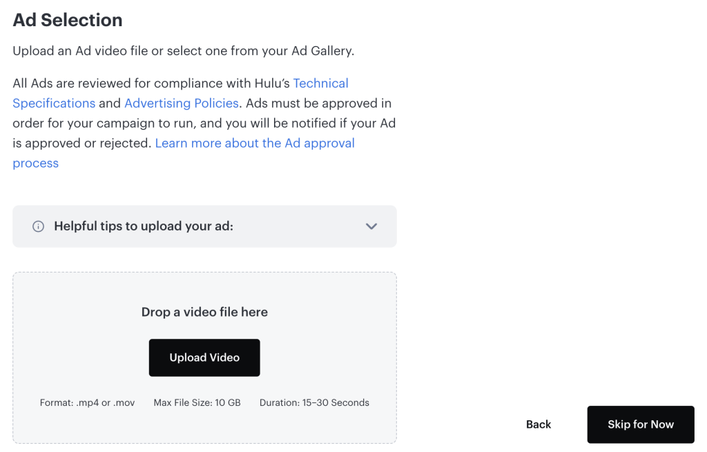 Upload your Hulu ad for approval