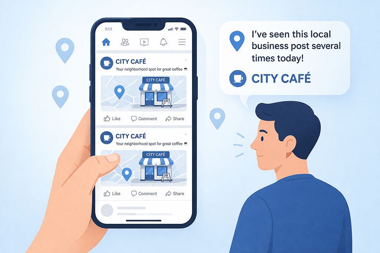 Mobile screen displaying repeated local business ads to increase local brand awareness through hyperlocal social media marketing.