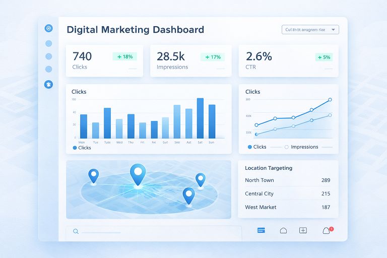 Digital marketing dashboard displaying clicks, impressions, CTR, and location targeting to optimize advertising performance.