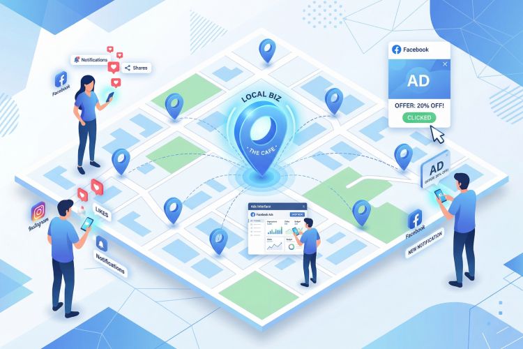 Hyperlocal social media marketing map showing targeted ads, local business pins, and audience engagement across platforms.
