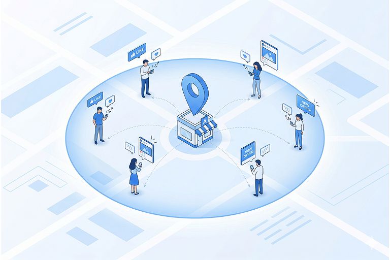 Hyperlocal marketing illustration showing a local business reaching nearby customers through targeted social media engagement.