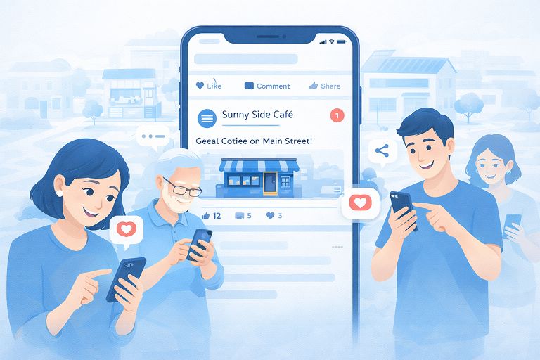 People interacting with local business posts on mobile devices to strengthen community engagement through hyperlocal social media marketing.