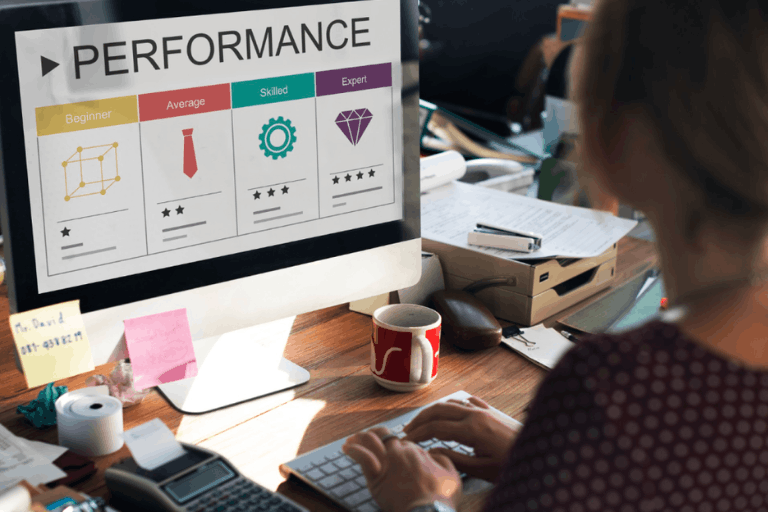 User analyzing performance metrics on a desktop screen showing skill levels to gain clear performance insights in marketing.