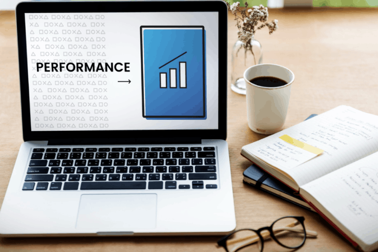 Laptop displaying performance analytics chart for maximizing campaign performance in digital marketing.
