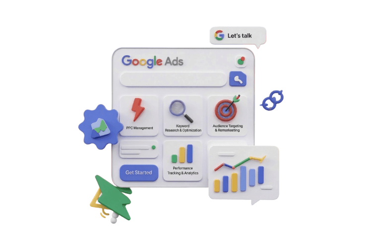White label Google Ads dashboard showing PPC management, keyword research, audience targeting, and performance analytics.