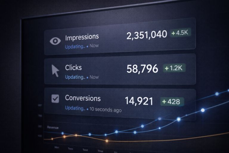 Real-time marketing dashboard showing impressions, clicks, and conversions to improve campaign performance.