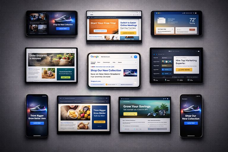 Multiple devices displaying ads across platforms illustrating multi-touchpoint engagement in omnichannel programmatic advertising.