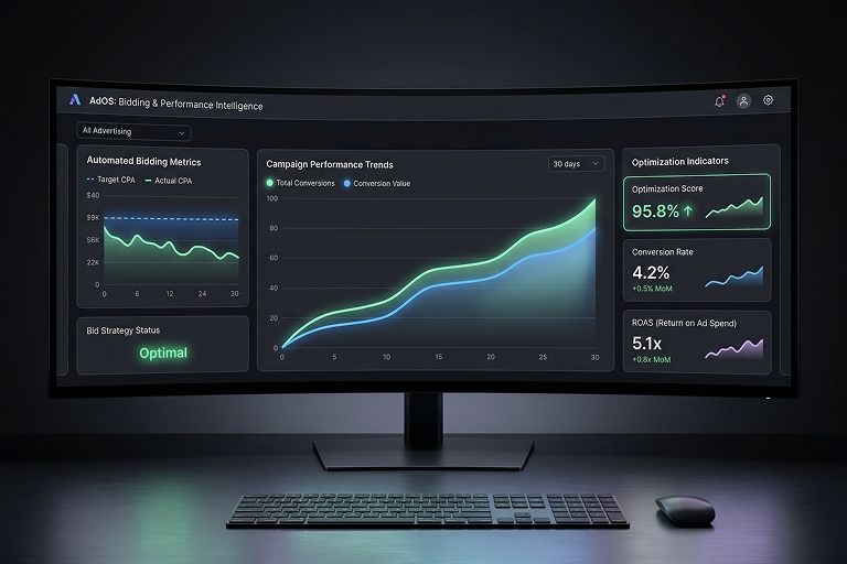 Digital advertising dashboard showing automated bidding metrics, campaign performance trends, and ROI optimization indicators.