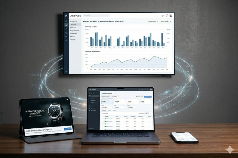 Omnichannel campaign dashboards across multiple devices showcasing data-driven targeting to reach high-intent audiences.