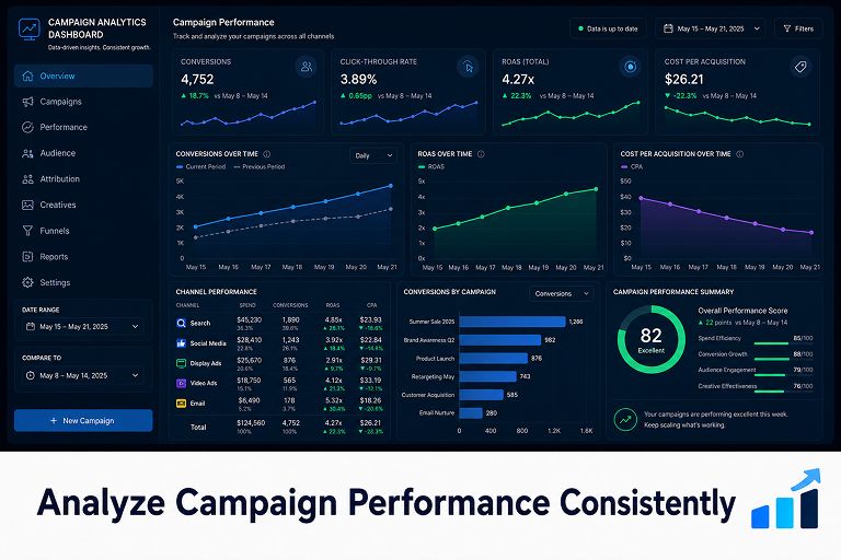 Campaign analytics dashboard displaying ROAS, conversions, click-through rates, and cost per acquisition for consistent performance analysis