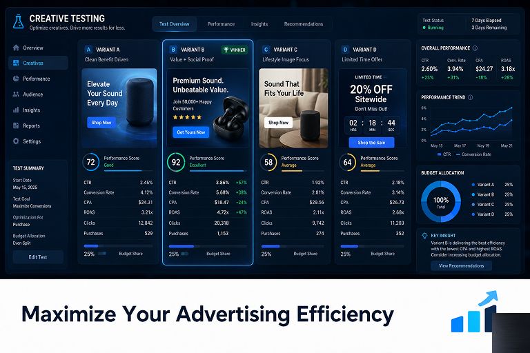 Creative testing dashboard comparing ad variants to maximize advertising efficiency and improve ROAS performance