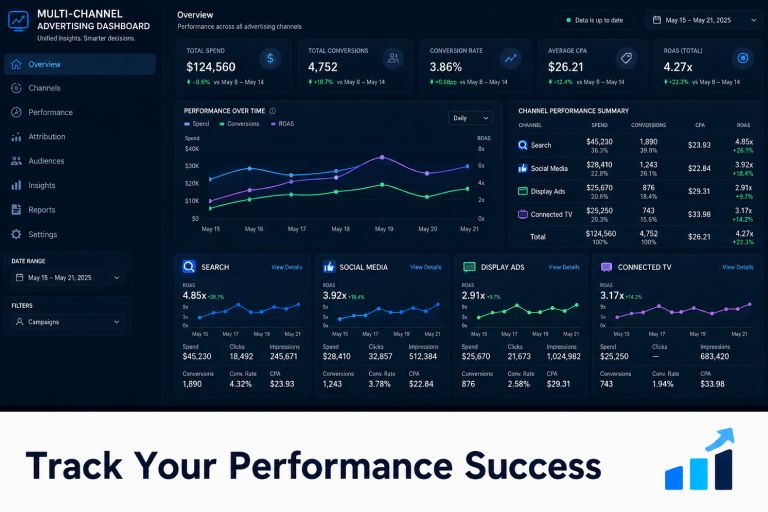Multi-channel advertising dashboard tracking ROAS, conversions, CPA, and campaign performance across digital marketing channels