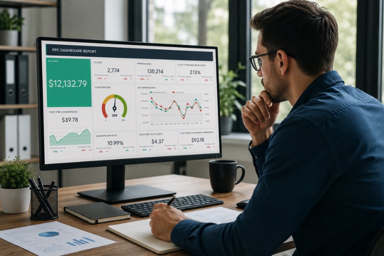 Marketer reviewing a PPC dashboard report of campaign metrics and charts to make data-driven decisions
