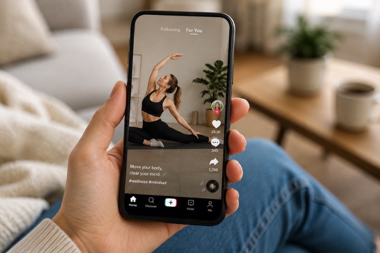A hand holding a smartphone showing a native TikTok wellness video blending into the For You feed