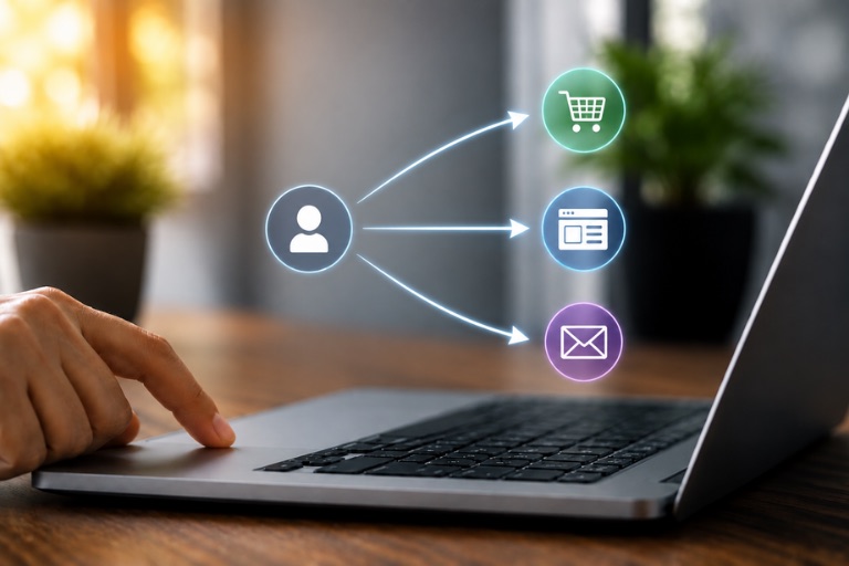 Customer icon on a laptop branching to shopping, website, and email icons, illustrating the value behind every click
