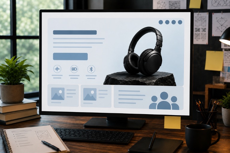 Ad layout on a monitor highlighting small details such as the headline, product image, and feature icons