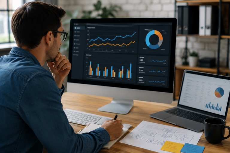 Advertiser analyzing TikTok campaign performance charts on dual monitors