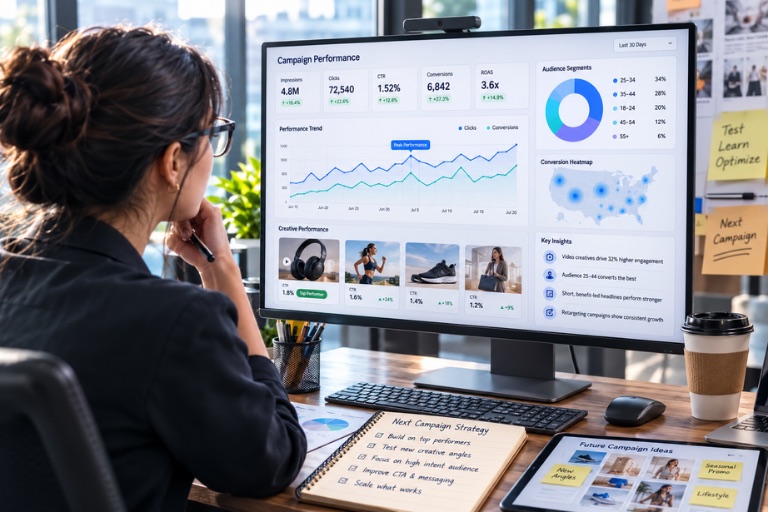 Analyst studying a campaign performance dashboard to keep learning from every campaign