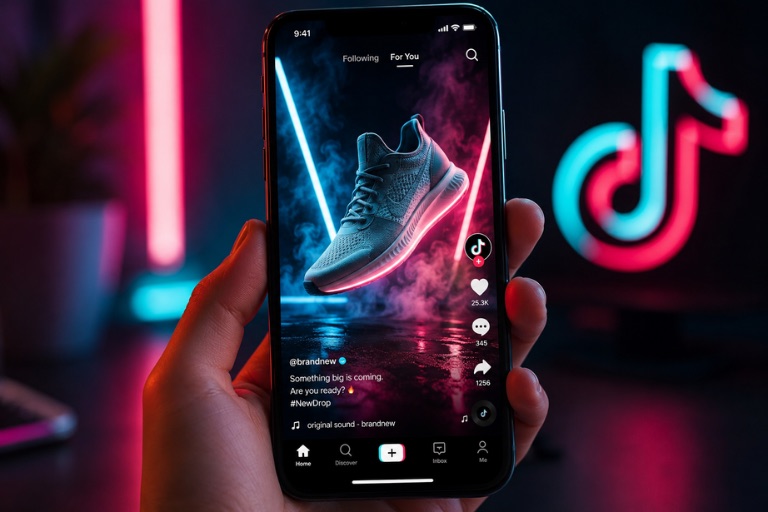 A smartphone showing a bold neon TikTok product launch ad for new sneakers