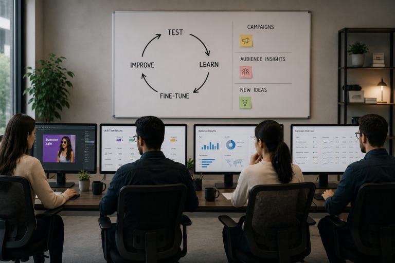 Marketing team at their desks beside a whiteboard showing a test, learn, fine-tune, and improve optimization loop