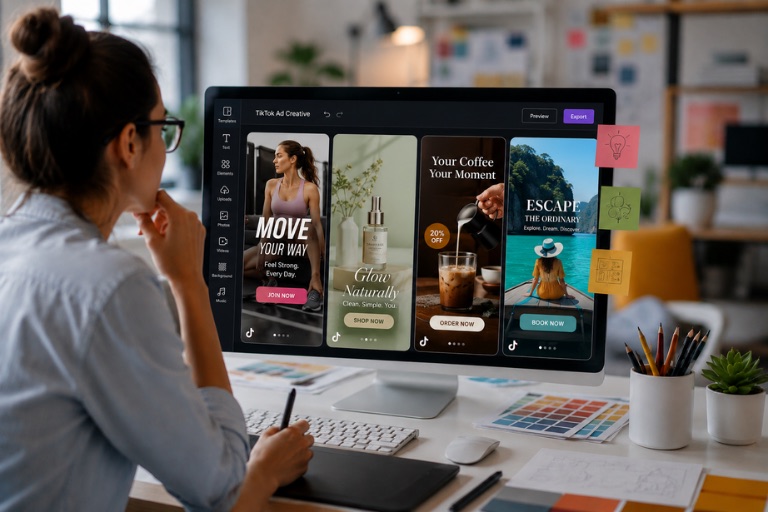 Designer refreshing TikTok ad creatives with new visuals, headlines, and offers