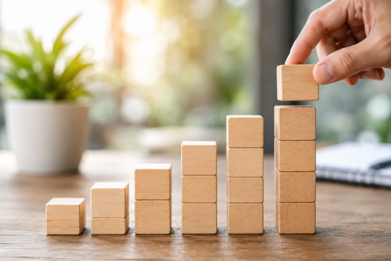 Hand stacking wooden blocks into an ascending staircase, showing small improvements adding up to campaign growth