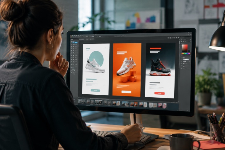 Designer comparing shoe ad creative variations on screen to test the best ideas