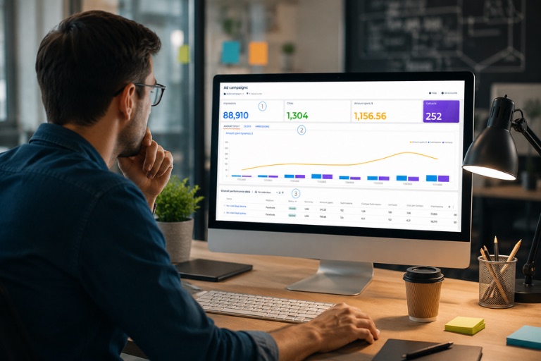 Marketer reviewing an ad campaign dashboard to see how people respond to the creative