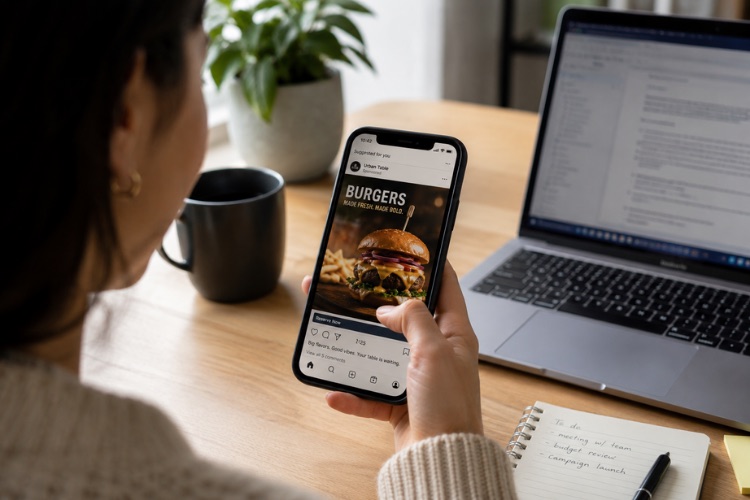 Person viewing a restaurant’s bold burger social media ad on a smartphone while working at a laptop