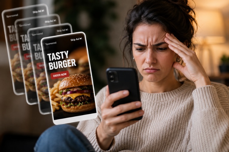A frustrated woman looking at her phone as the same “Tasty Burger” sponsored ad repeats over and over