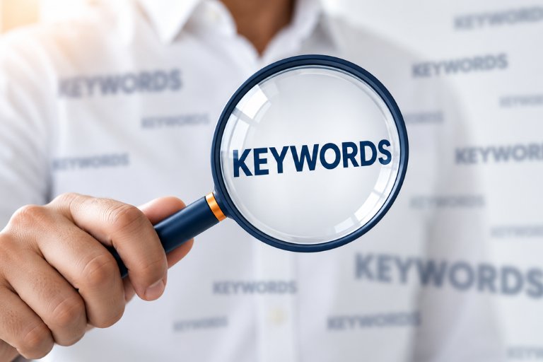A hand holding a magnifying glass that brings the word KEYWORDS into focus against a wall of repeated keyword text