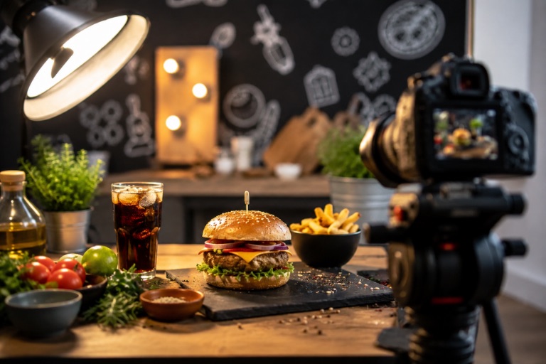 A cheeseburger and fries styled on a slate board being photographed by a professional camera under studio lighting