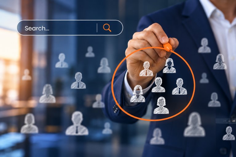 A businessperson drawing an orange circle around a cluster of highlighted people icons beside a search bar, illustrating pairing keywords with a target audience