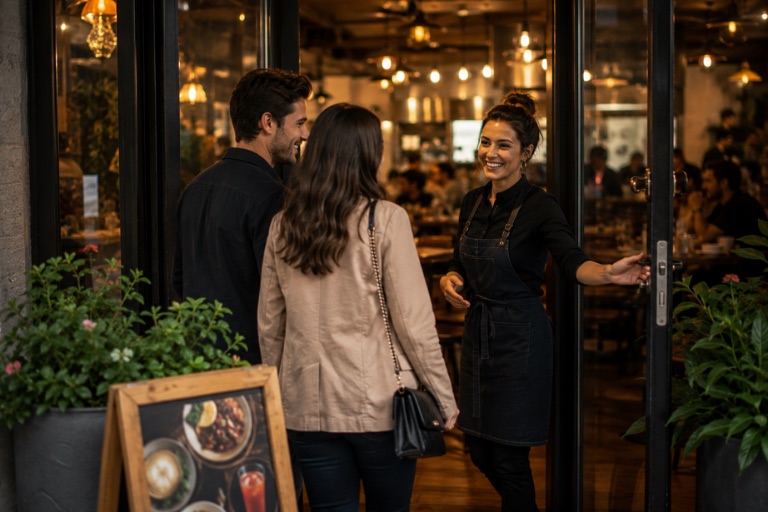 A smiling restaurant host welcoming a couple through the door of a warm, busy dining room