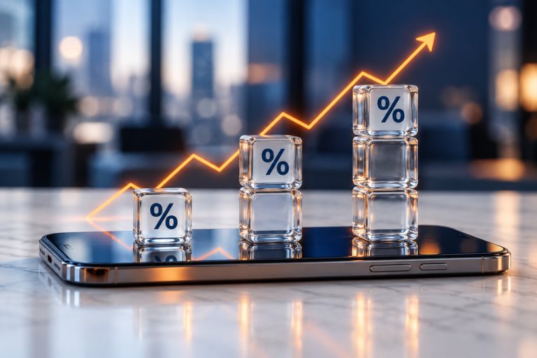Glass blocks marked with percent signs rising like a staircase on a smartphone, with a glowing upward arrow signaling rising ad-spend returns