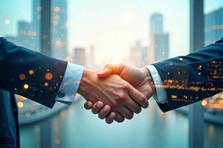 A close-up handshake between two businesspeople against a glowing city skyline, illustrating trust held on to while scaling