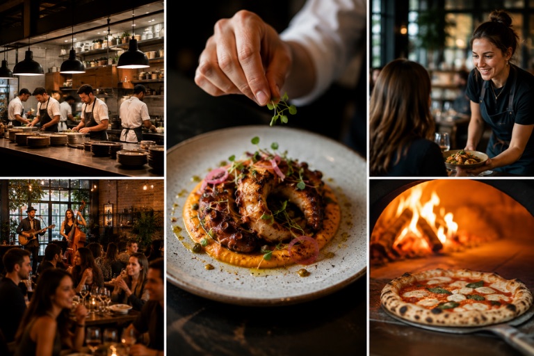 A collage of a restaurant’s open kitchen, a chef plating a dish, a smiling server, live music, and a wood-fired pizza