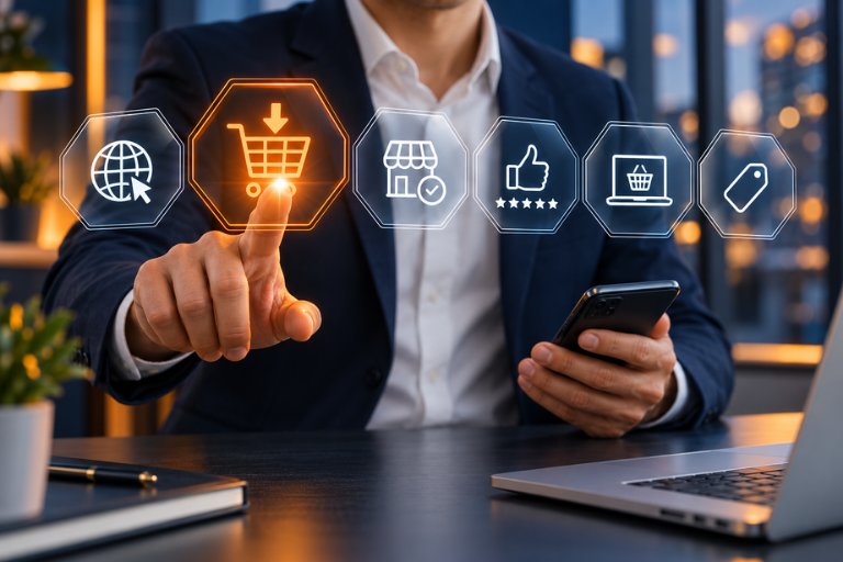 A person touching a row of glowing e-commerce icons, including a cart, storefront, reviews, and a sale tag, representing stages of buying intent
