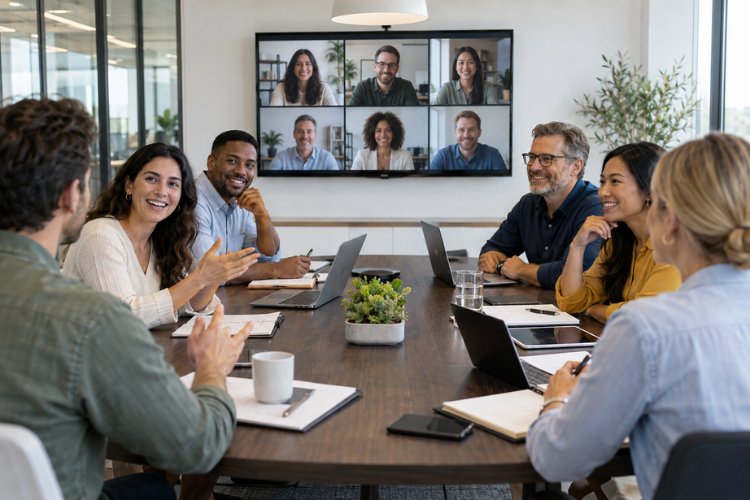 An agency team seated around a boardroom table with laptops, meeting remote colleagues on a wall-mounted video call screen, extending the team without adding desks