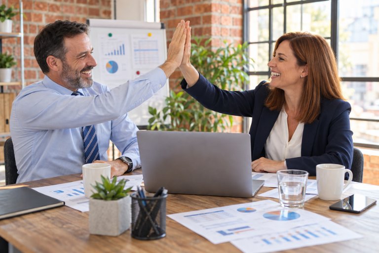 Two colleagues high-fiving across a desk of laptops and reports after a successful project, reflecting a partner relationship that works