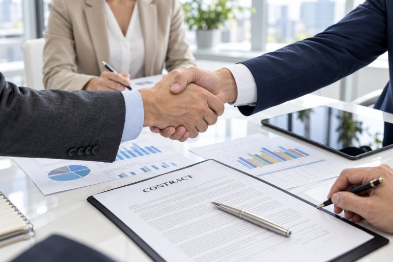 Two business people shaking hands over a signed contract and performance charts, agreeing a delivery partnership instead of building a new team