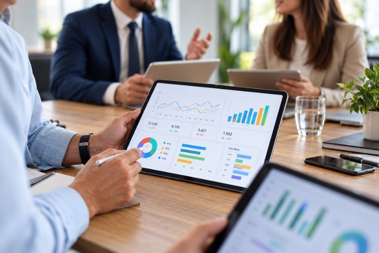 Three colleagues gathered around a laptop reviewing printed charts and reports together, making decisions from a fuller set of data