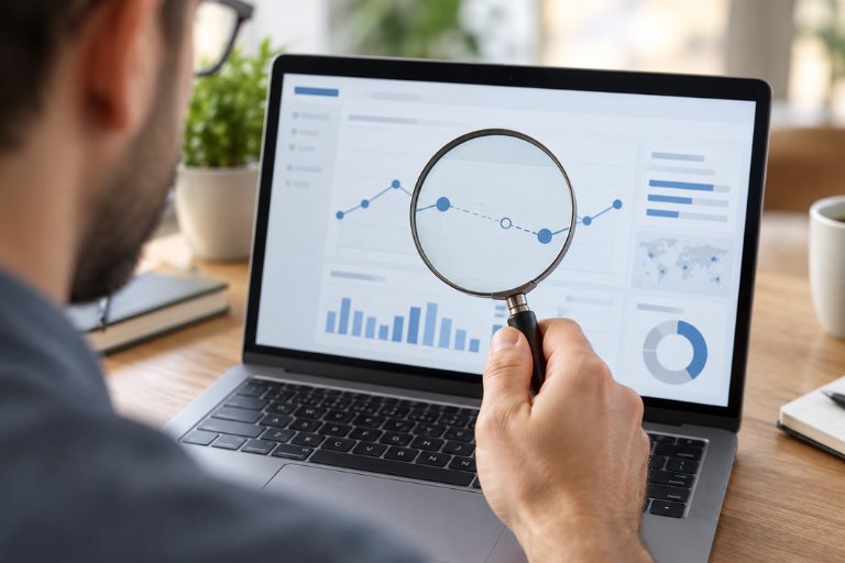 A person holding a magnifying glass over a laptop showing a line chart with a hollow data point, illustrating gaps in what tracking can actually capture